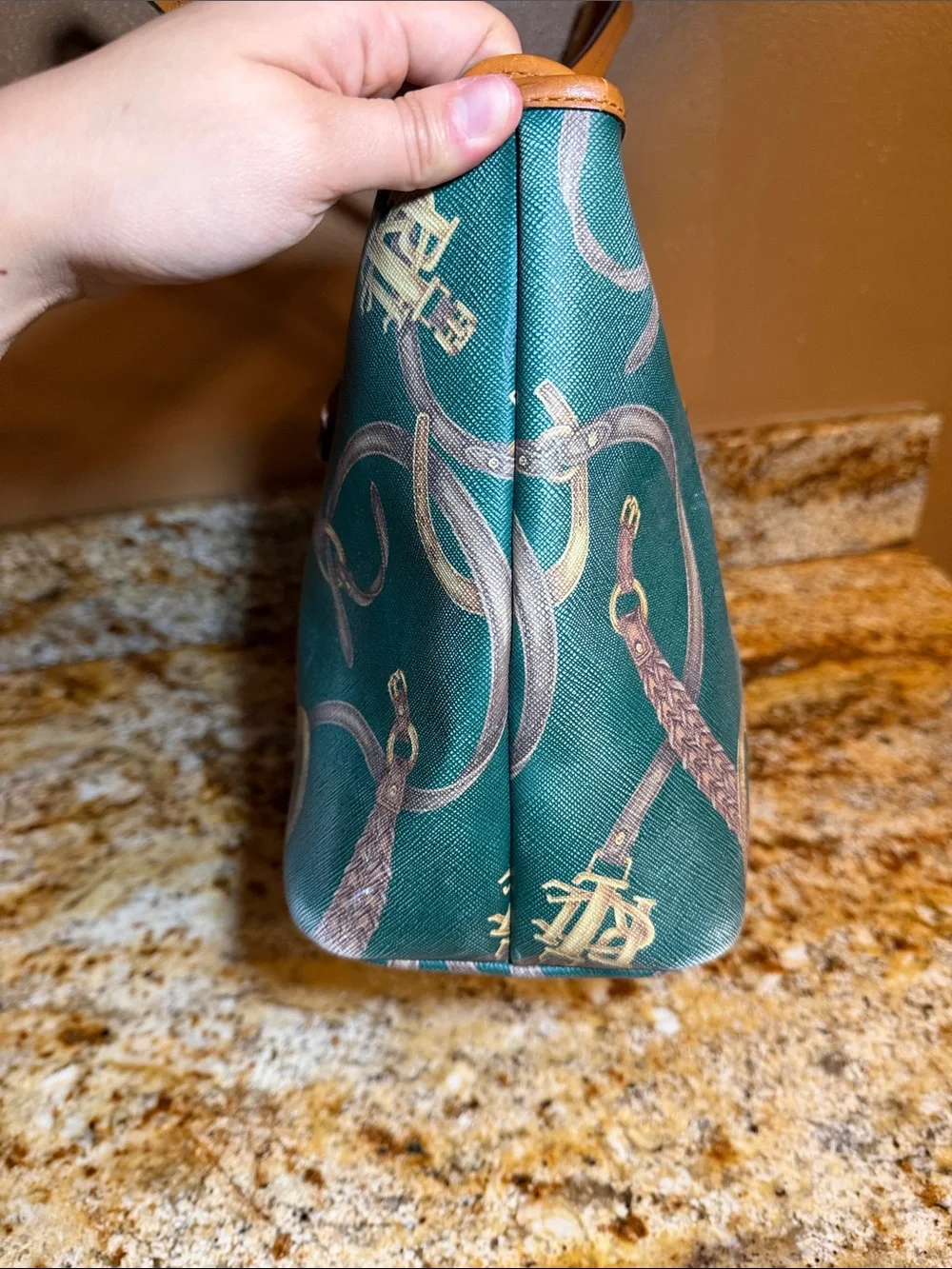 Ralph Lauren Green Printed Tote Bag with Tan Trim